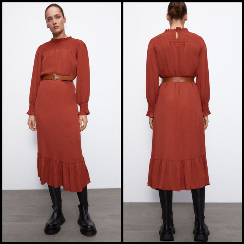 Zara Belted Long Midi Dress in Rust 3666/181 *Missing Belt*